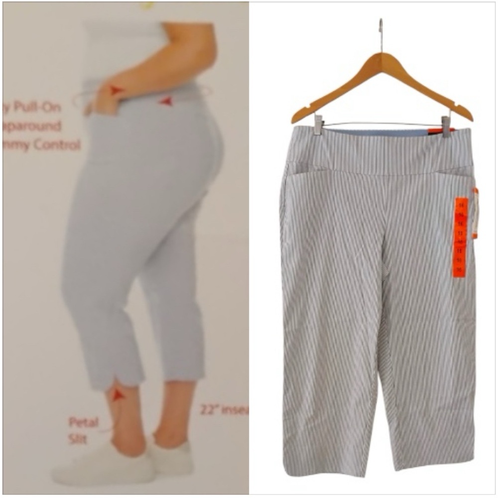 S.C & CO 360 Tummy Control Petal Slit Capris Blue Pinstripe Pants. Size 16